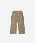 RYLEE & CRU Barrel Pants Olive Embroidered Daisies featuring olive canvas children's barrel pants with daisy embroidery and elastic back waistband