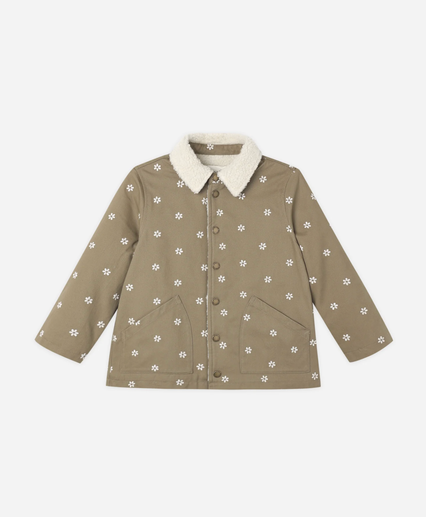 RYLEE & CRU Long Chore Coat Olive Embroidered Daisies featuring olive canvas children's chore coat with embroidered daisies and shearling lining