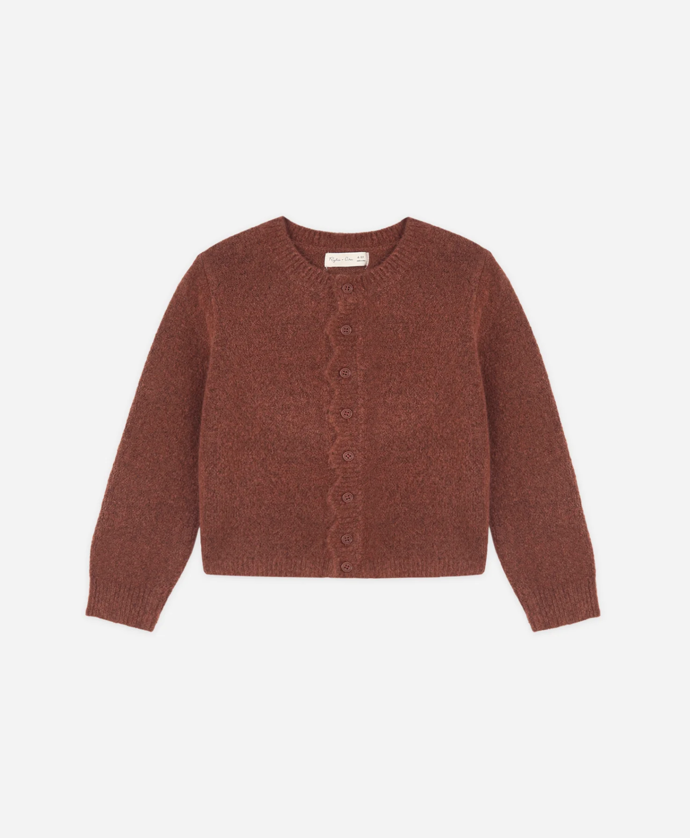 RYLEE & CRU Scallop Cardigan Brick featuring brick colored children's scallop cardigan with button front