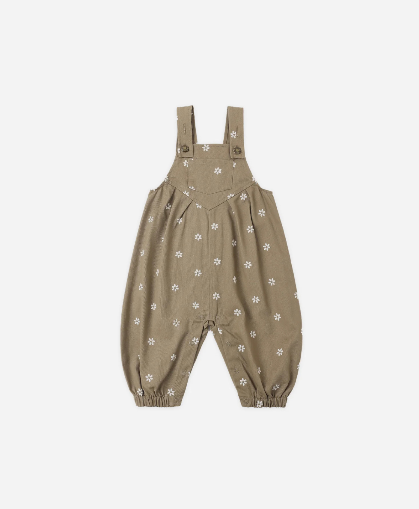 RYLEE & CRU Vintage Overalls Olive Embroidered Daisies featuring olive canvas children's overalls with embroidered daisies and antique buttons