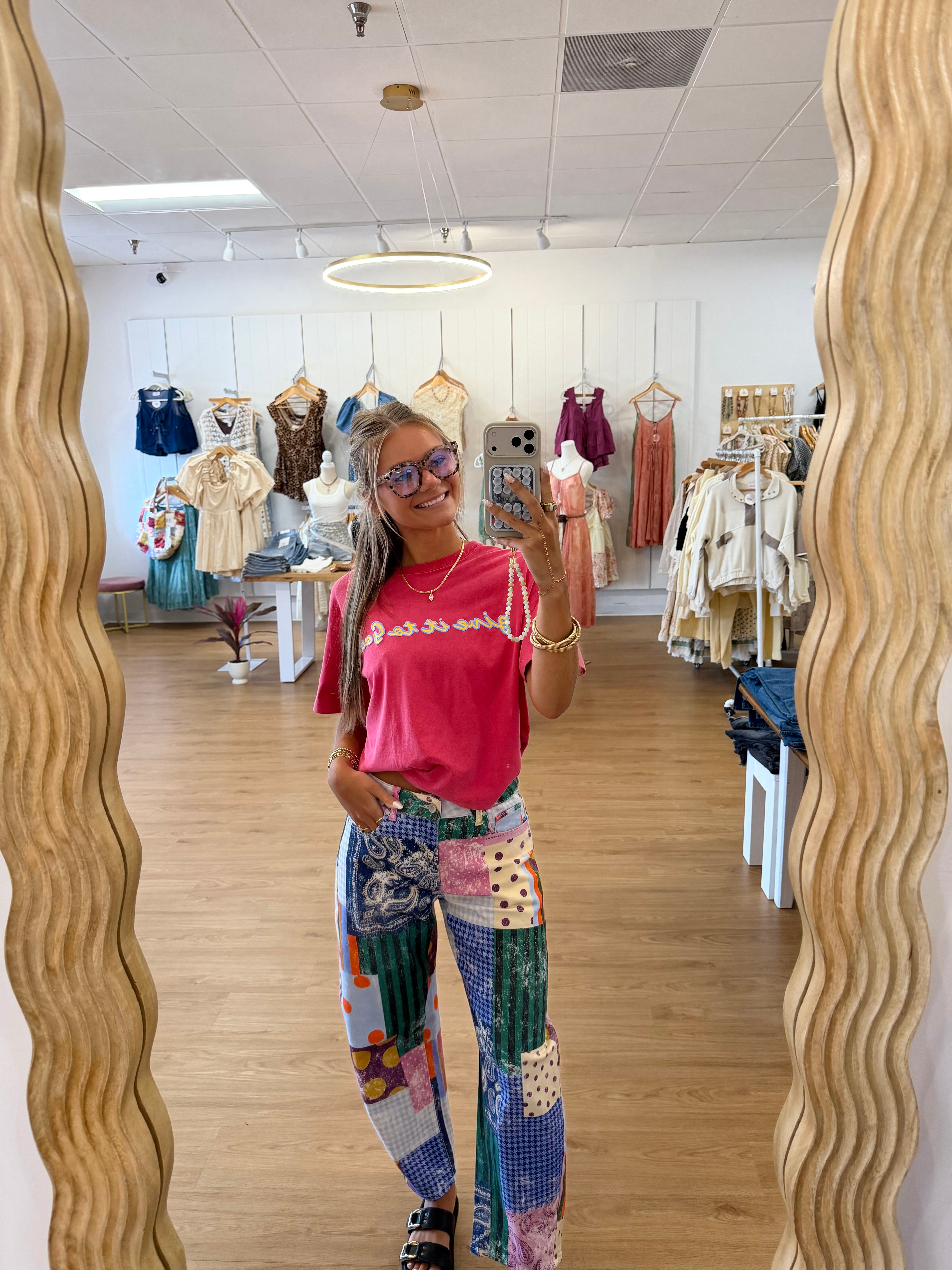 patchwork pants, printed pants, unique style, dopamine dressing, polka dot pants, gingham pants, casual outfit style, everyday style