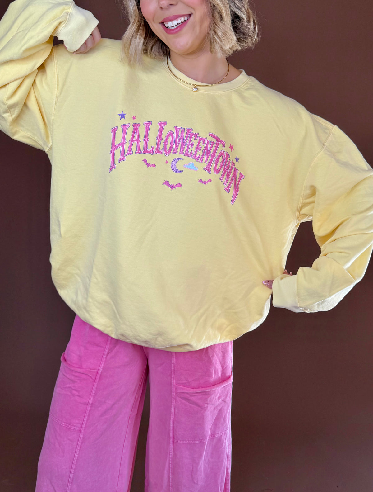 TACW Halloweentown Graphic Crewneck: Yellow boutique Halloween apparel at The AllyCatWalk Boutique