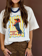 Weenies and Martinis women’s bone-white washed graphic T-shirt with a round neckline, short sleeves, and relaxed oversized fit