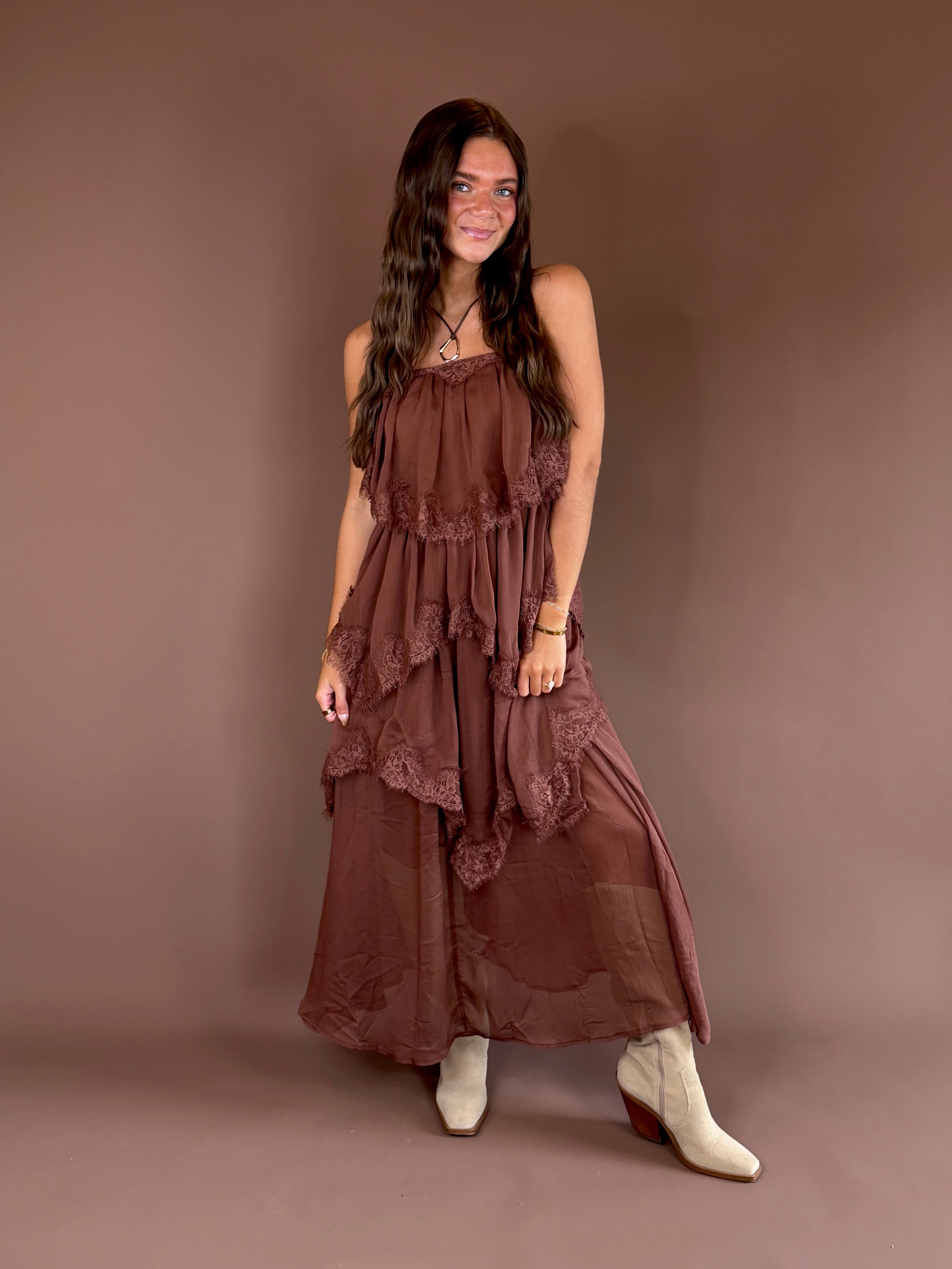 Wild Wild West women’s warm brown maxi dress with romantic tiered lace layers, a zip closure, and lace-up back detail.