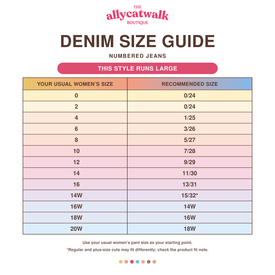 Judy Blue High Waist Angelina Column Straight Jeans runs-large women’s numbered and plus-size denim conversion chart