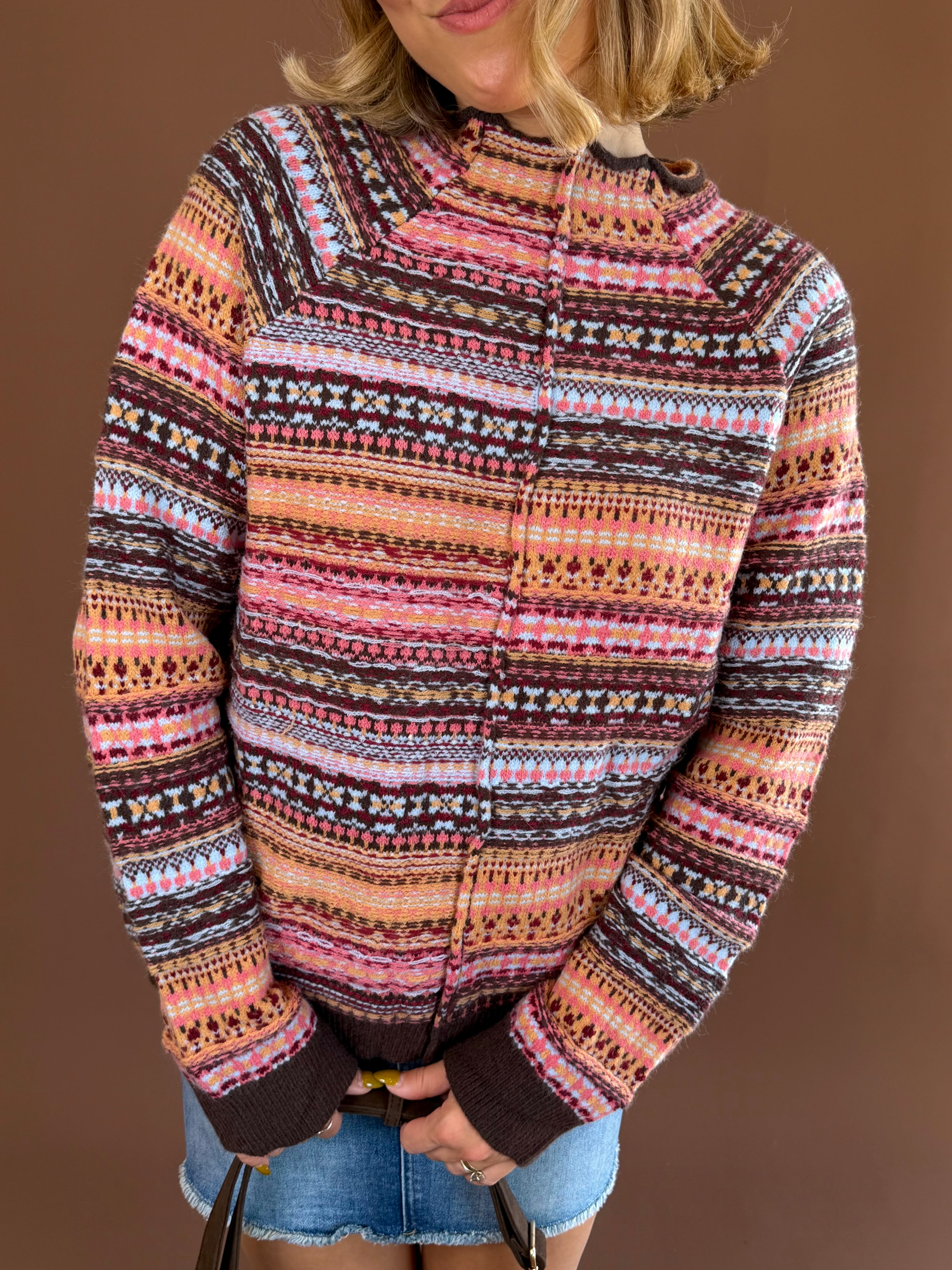 Woodland Whimsy women's peach-and-brown multicolor knit sweater with textured yarn, scalloped neckline detailing, and long sleeves.