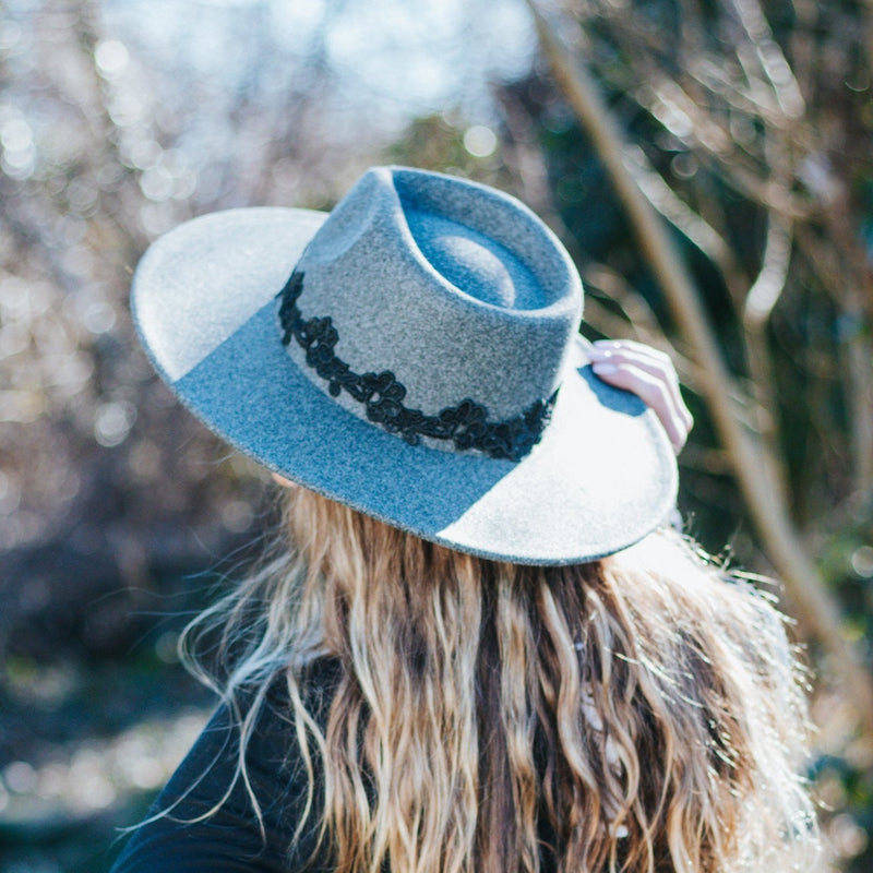 Rancher Style Custom Black Lace Wide Brim Felt Hat: Gray