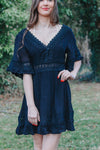 V-Neck Lace Trim Dress: Black