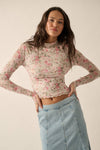 Soft Spring Floral Mesh Lettuce-Edge Thumbhole High-Neck Top