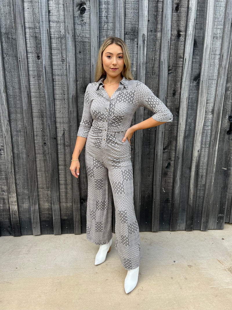 Retro Ruched Printed Jumpsuit
